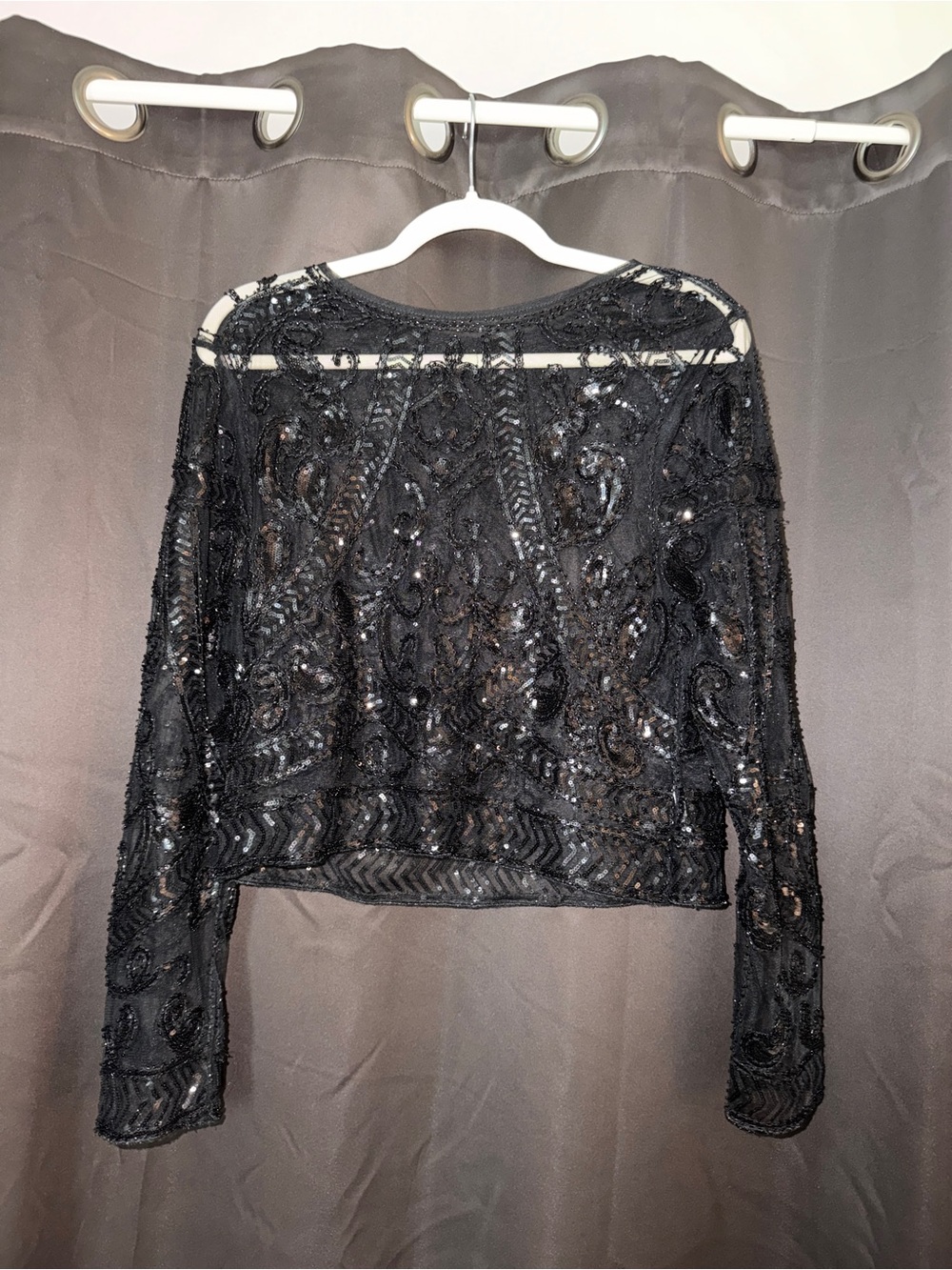 Black Beaded Sheer Long-Sleeve Top
